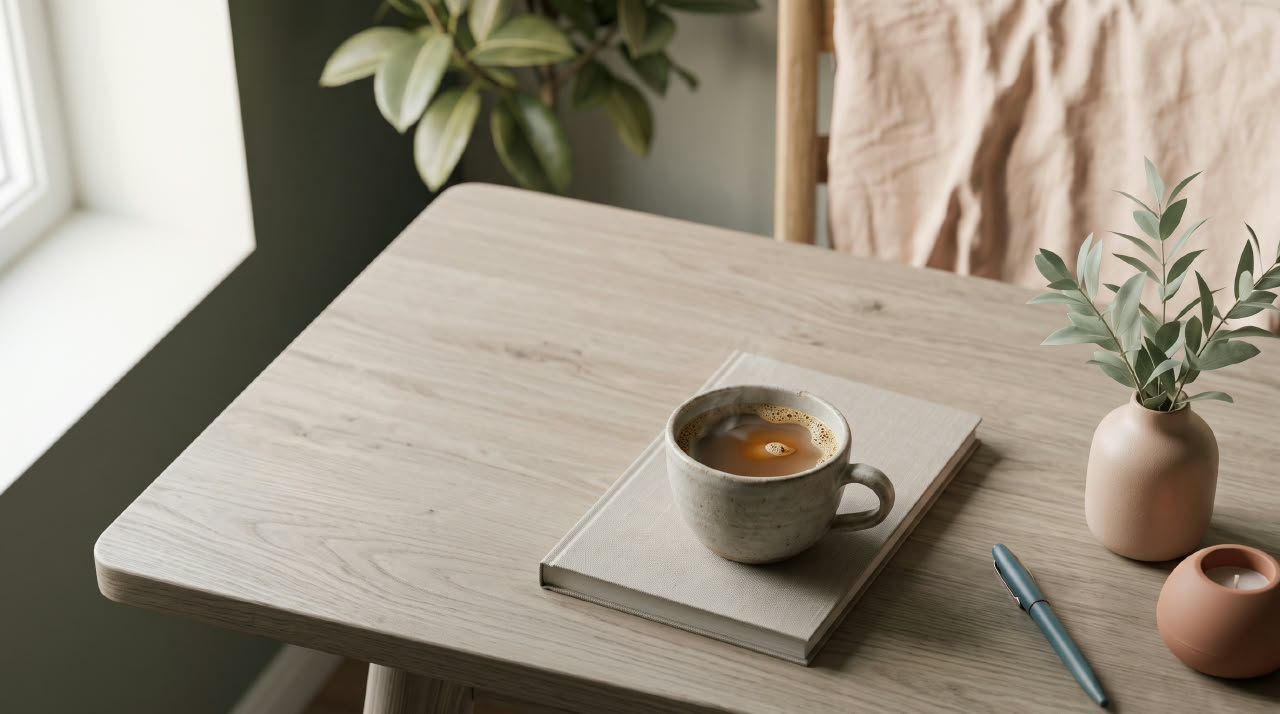Xícara de café sobre um caderno fechado, ao lado de um vaso com folhagem, perto da janela