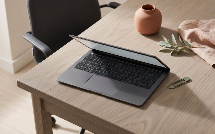 Notebook sobre mesa de madeira, com vaso de cerâmica, tecido de linho e um clipe de papel