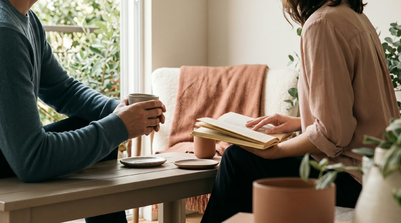 Duas pessoas sentadas lado a lado, sem rostos visíveis: uma segura uma xícara e a outra lê um livro