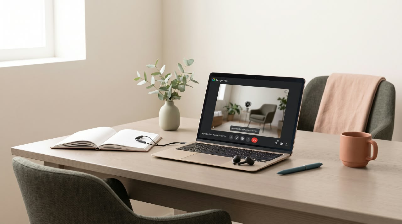 Notebook em videochamada sobre a mesa, com caderno aberto, fones de ouvido, vaso com planta e caneca