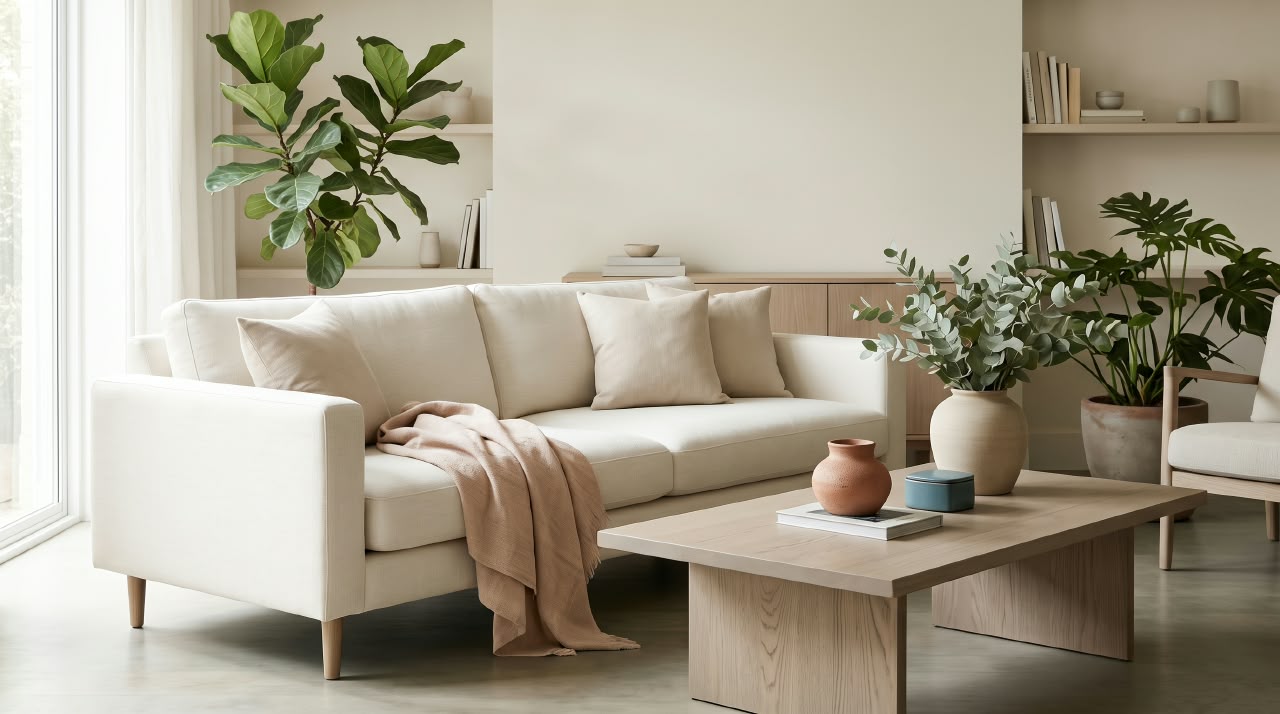Sala de estar acolhedora com sofá claro, manta, plantas e mesa de centro de madeira